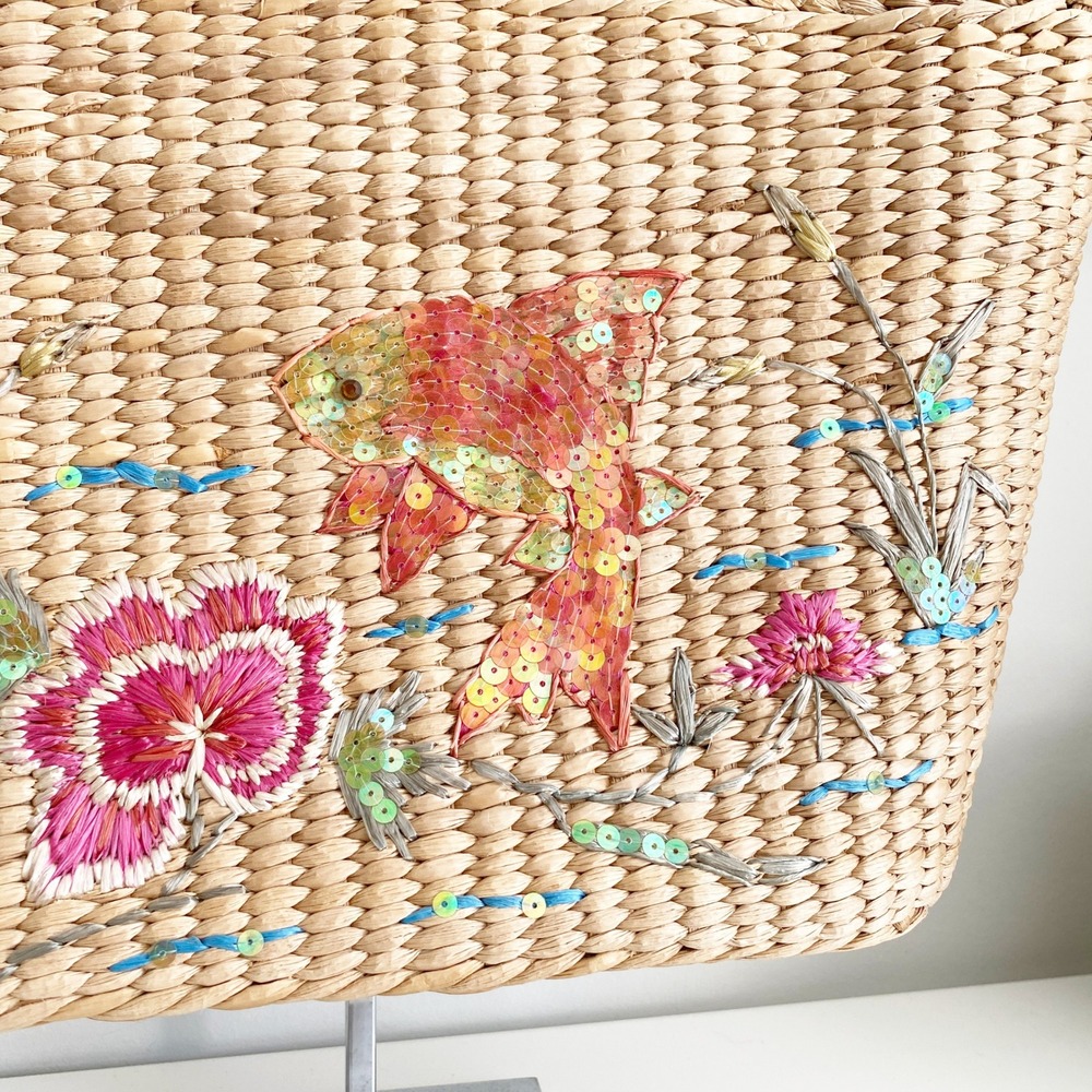 Cappelli Straworld Woven Straw Tote Bag Bamboo Handle Koi Fish Sequin Floral - Picture 2 of 8